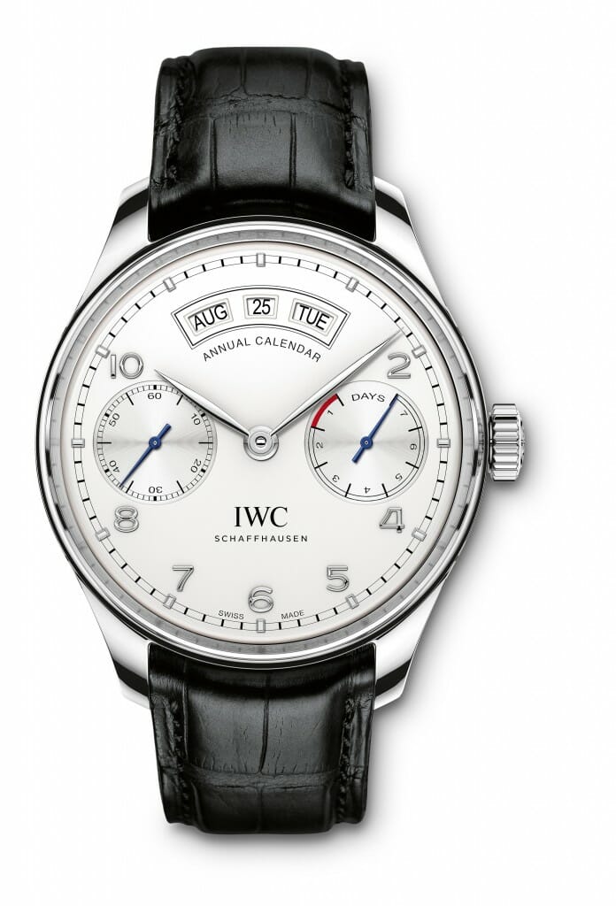 IWC Portugieser Annual Calendar in stainless steel on silver-plated dial with black alligator band