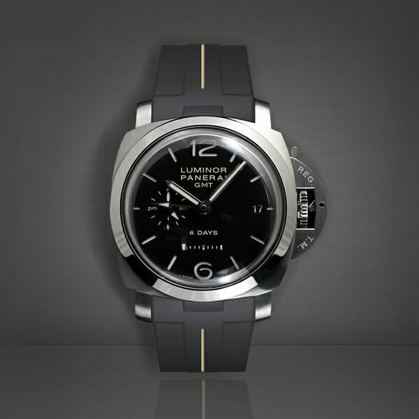 photo of panerai luminor 8 days gmt with rubber b luxury replacement strap in sahara tan