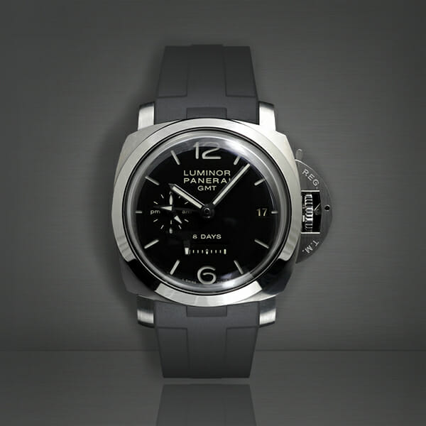photo of panerai luminor 8 days gmt  with rubber b luxury replacement strap in jet black