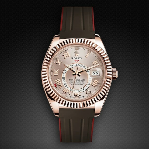 photo of rubber b luxury replacement strap for rose gold rolex sky dweller with brown alligator strap