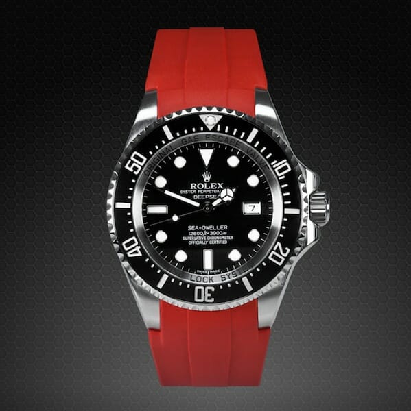 photo of rolex deepsea sea-dweller with luxury rubber replacement strap in red 116660