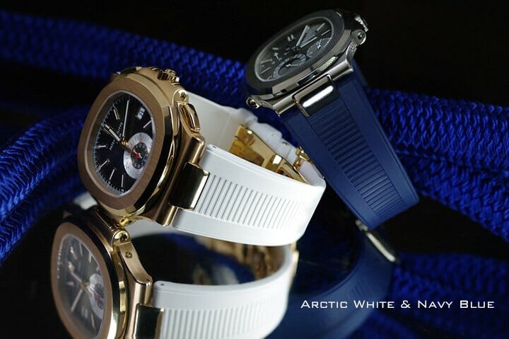 Photo of Navy Blue and Arctic White Straps for Rose Gold Patek Philippe Nautilus 5980 