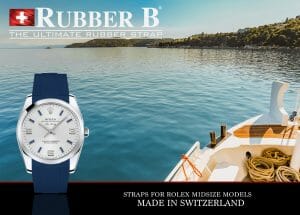 Ad for Navy Blue Rubber B Strap for Rolex Midsize Models