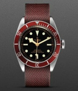 Lady Gaga Tudor Black Bay Watch with Red Fabric Strap