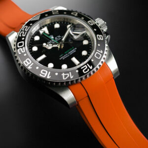 Orange Strap for Rolex GMT Master II Ceramic case and depolyant clasp, featuring a solid insert for Blocked Integration, rotationless mount to the watch case