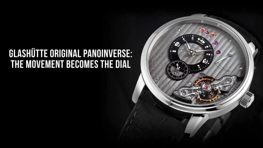 Front view of the Glashütte Original PanoInverse 1-66-06-04-22-62 watch showcasing its inverted movement, engraved balance bridge, and Saxon finishing.