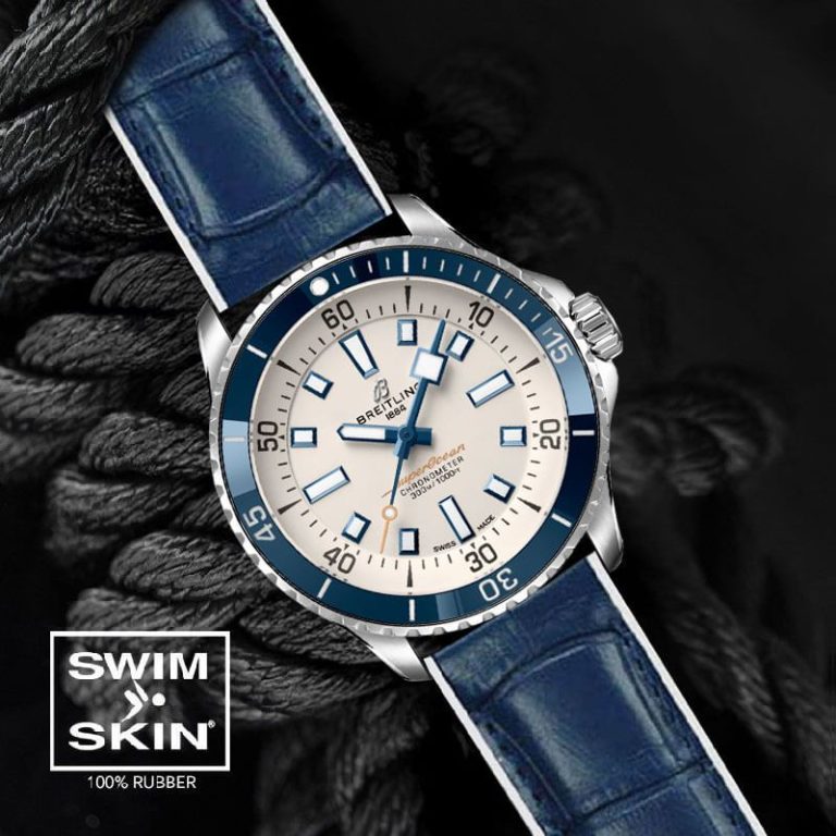 White Blue Rubber Strap For SuperOcean 42mm a17375 SwimSkin Rubber Made Alligator