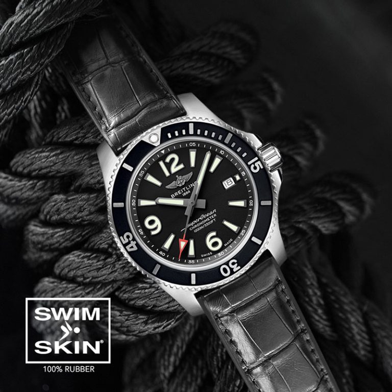Black Rubber Strap For SuperOcean 42mm a17366 SwimSkin Rubber Made Alligator