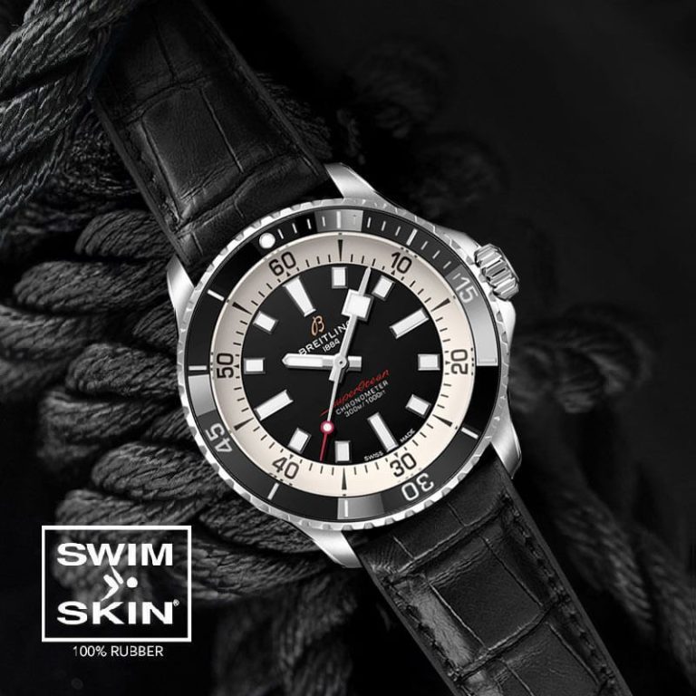 Black Rubber Strap For SuperOcean 42mm a17375 SwimSkin Rubber Made Alligator