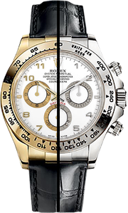 <p>Rolex Daytona on<br><strong>Leather Strap</strong><br>Yellow Gold or<br>White Gold</p>