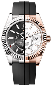 <p>Rolex Sky-Dweller on<br><strong>Oysterflex Bracelet</strong><br>White Gold, Yellow Gold,<br>& Rose Gold</p>